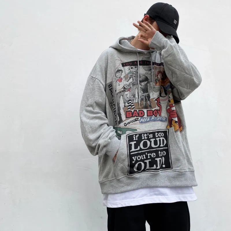 White hip hop hoodie with cartoon print, loose fit, plus velvet lining, and hood, side view