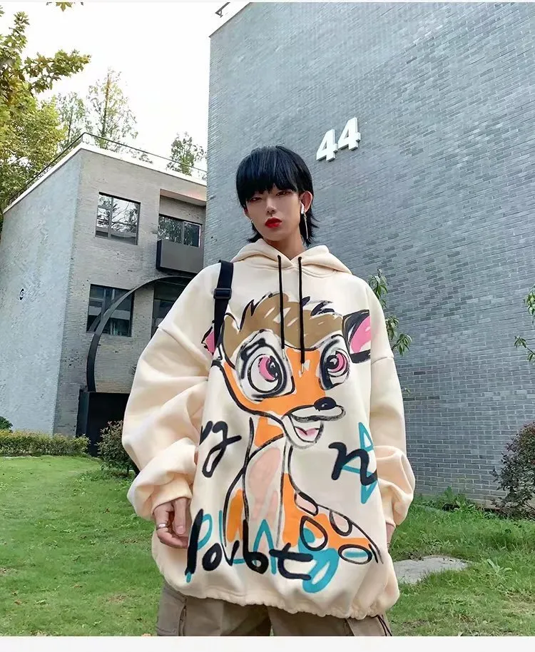 White hip hop hoodie with cartoon print, loose fit, plus velvet lining, and hood, side view