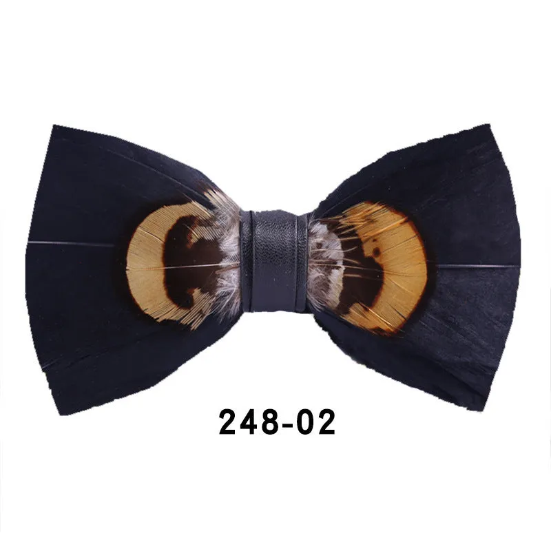 Handmade feather bow tie in polyester yarn, flat head style, 12cm x 6cm, unisex adult size
