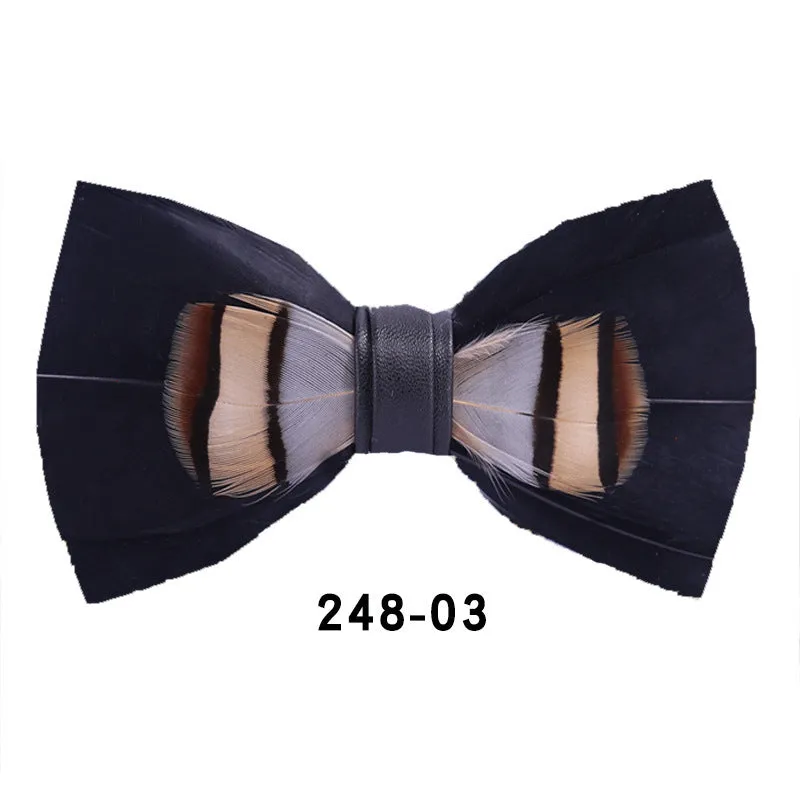 Handmade feather bow tie in polyester yarn, flat head style, 12cm x 6cm, unisex adult size