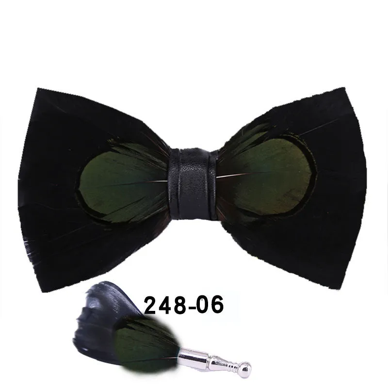 Handmade feather bow tie in polyester yarn, flat head style, 12cm x 6cm, unisex adult size