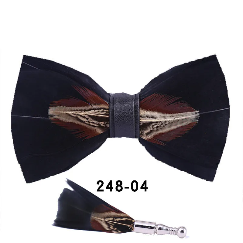 Handmade feather bow tie in polyester yarn, flat head style, 12cm x 6cm, unisex adult size