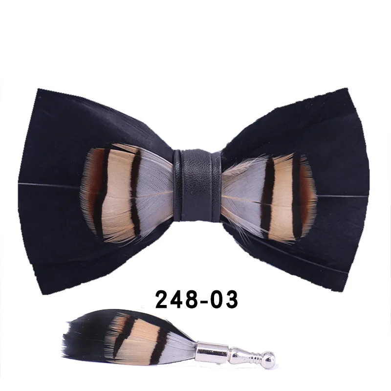 Handmade feather bow tie in polyester yarn, flat head style, 12cm x 6cm, unisex adult size