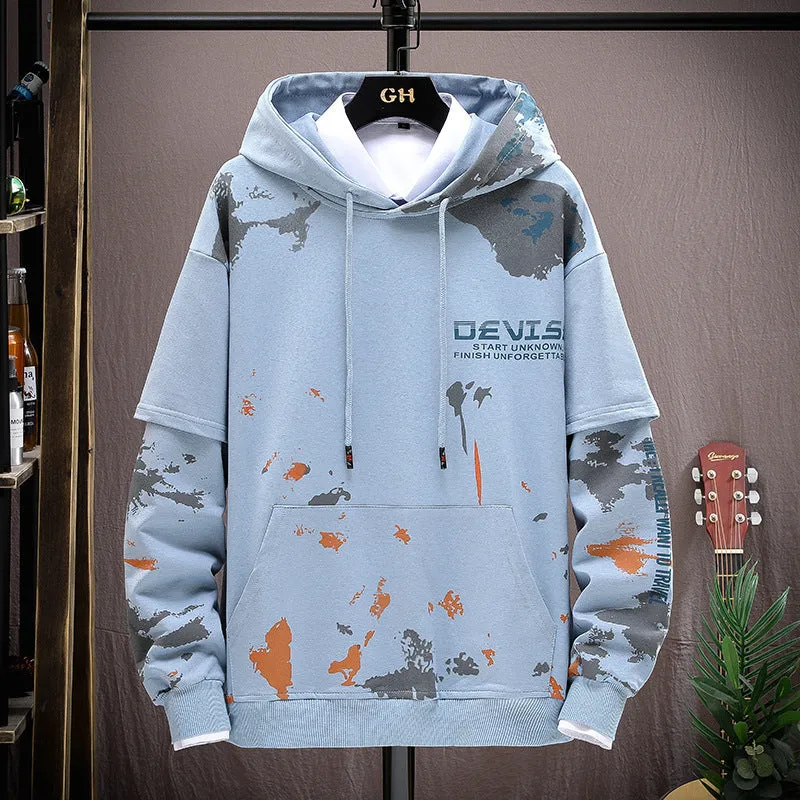 Men's printed kangaroo pocket hooded sweater suit in blue, cotton fabric, front view