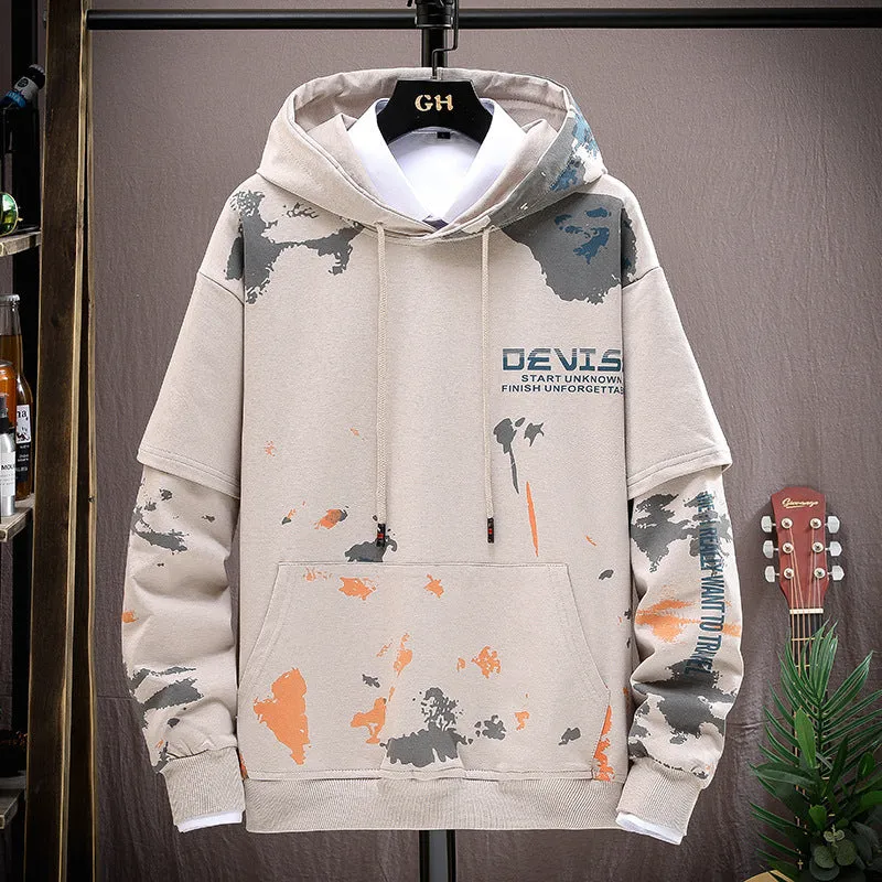 Men's printed kangaroo pocket hooded sweater suit in blue, cotton fabric, front view