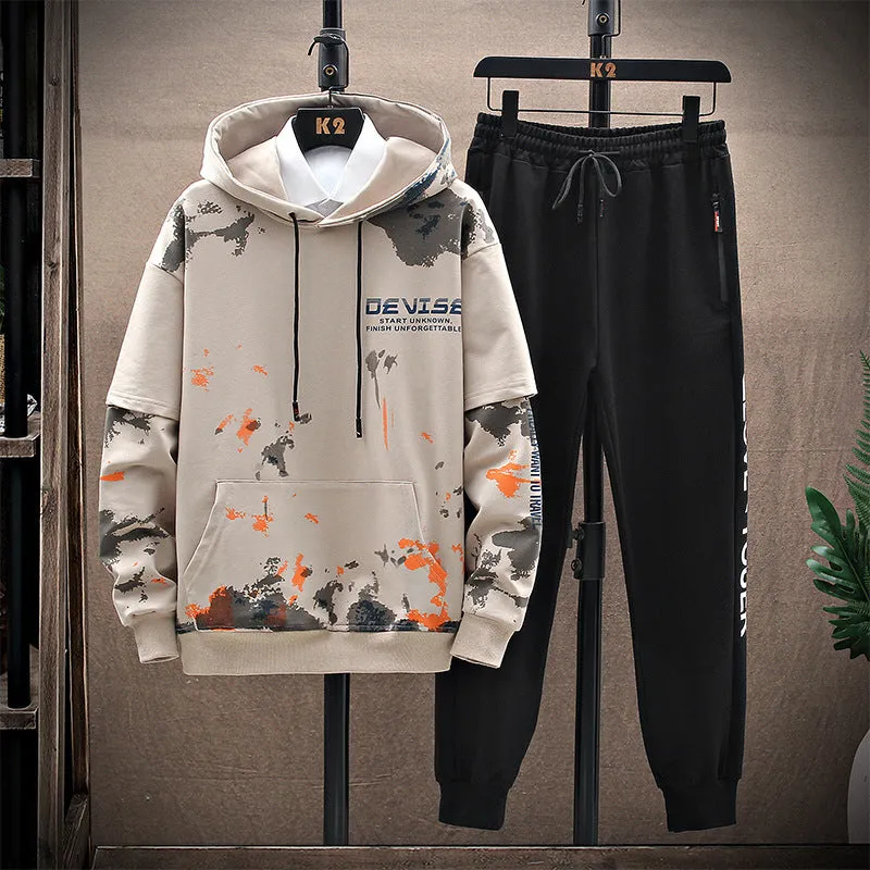 Men's printed kangaroo pocket hooded sweater suit in blue, cotton fabric, front view