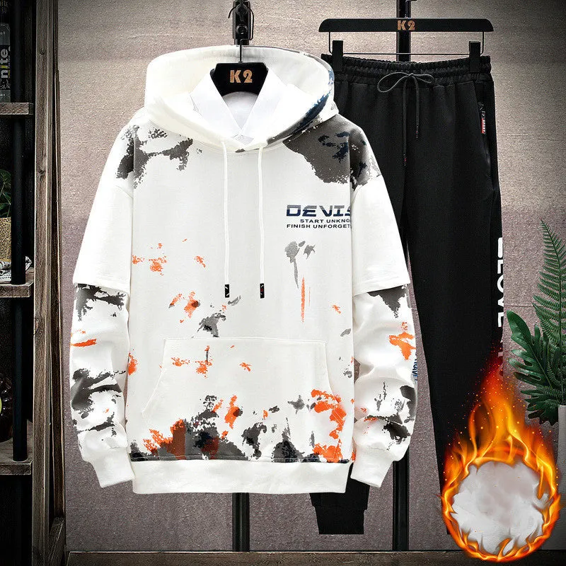 Men's printed kangaroo pocket hooded sweater suit in blue, cotton fabric, front view