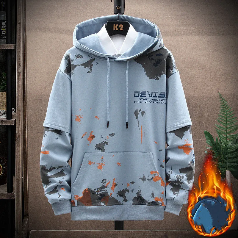 Men's printed kangaroo pocket hooded sweater suit in blue, cotton fabric, front view