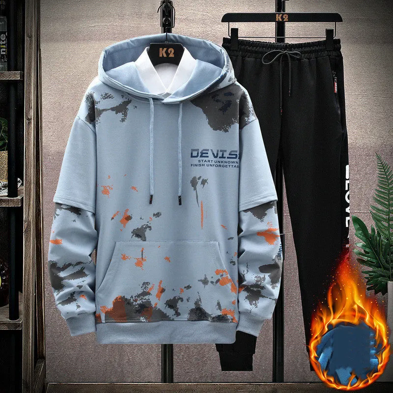 Men's printed kangaroo pocket hooded sweater suit in blue, cotton fabric, front view