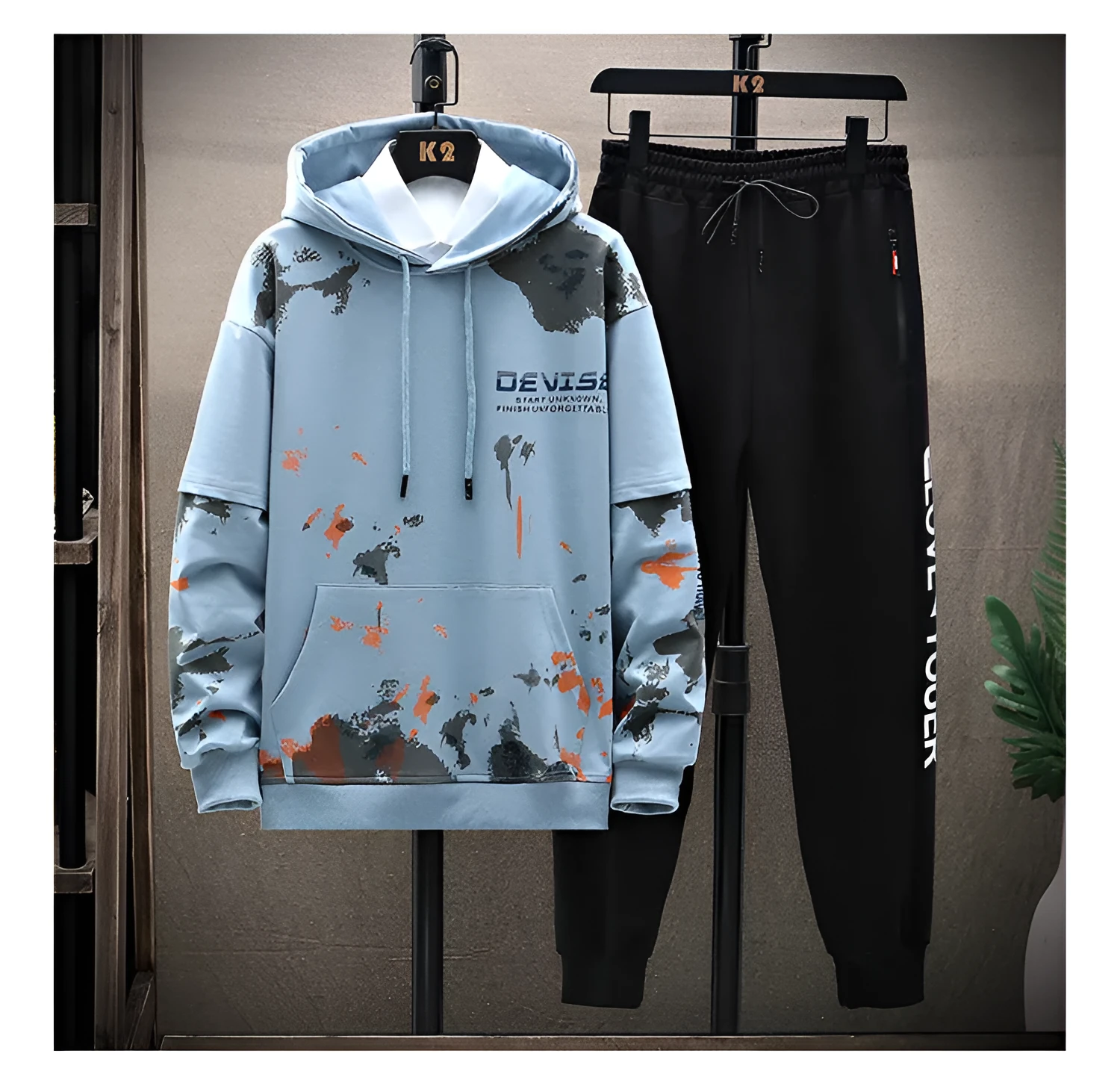 Men's printed kangaroo pocket hooded sweater suit in blue, cotton fabric, front view