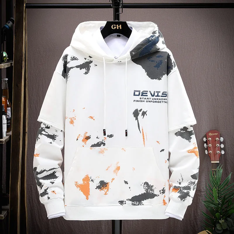 Men's printed kangaroo pocket hooded sweater suit in blue, cotton fabric, front view