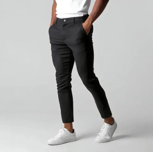 Men's slim gray polyester business suit trousers straight cut high temperature set shape