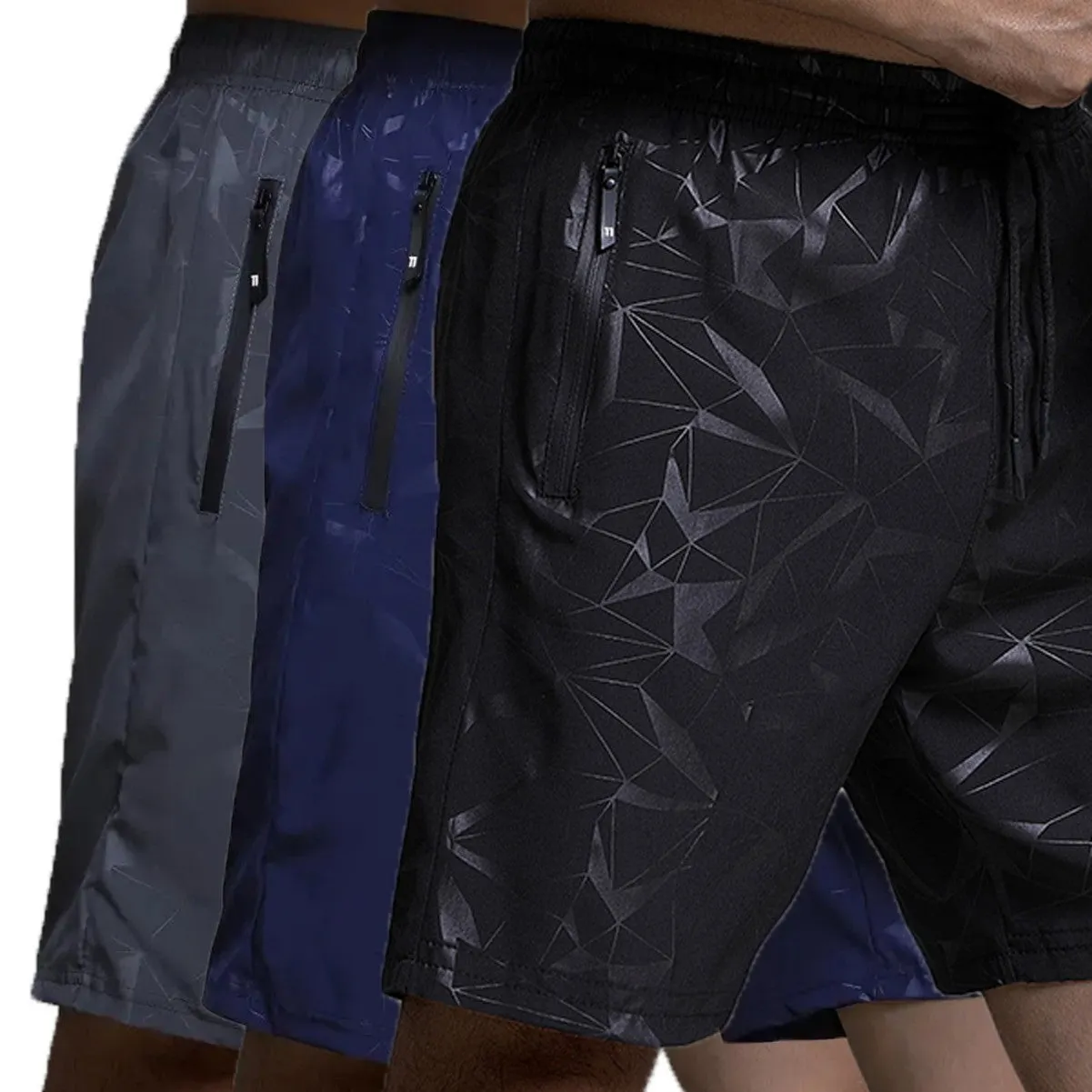 Men's loose fit sports shorts with printed patterns in polyester fabric available in black grey blue colours