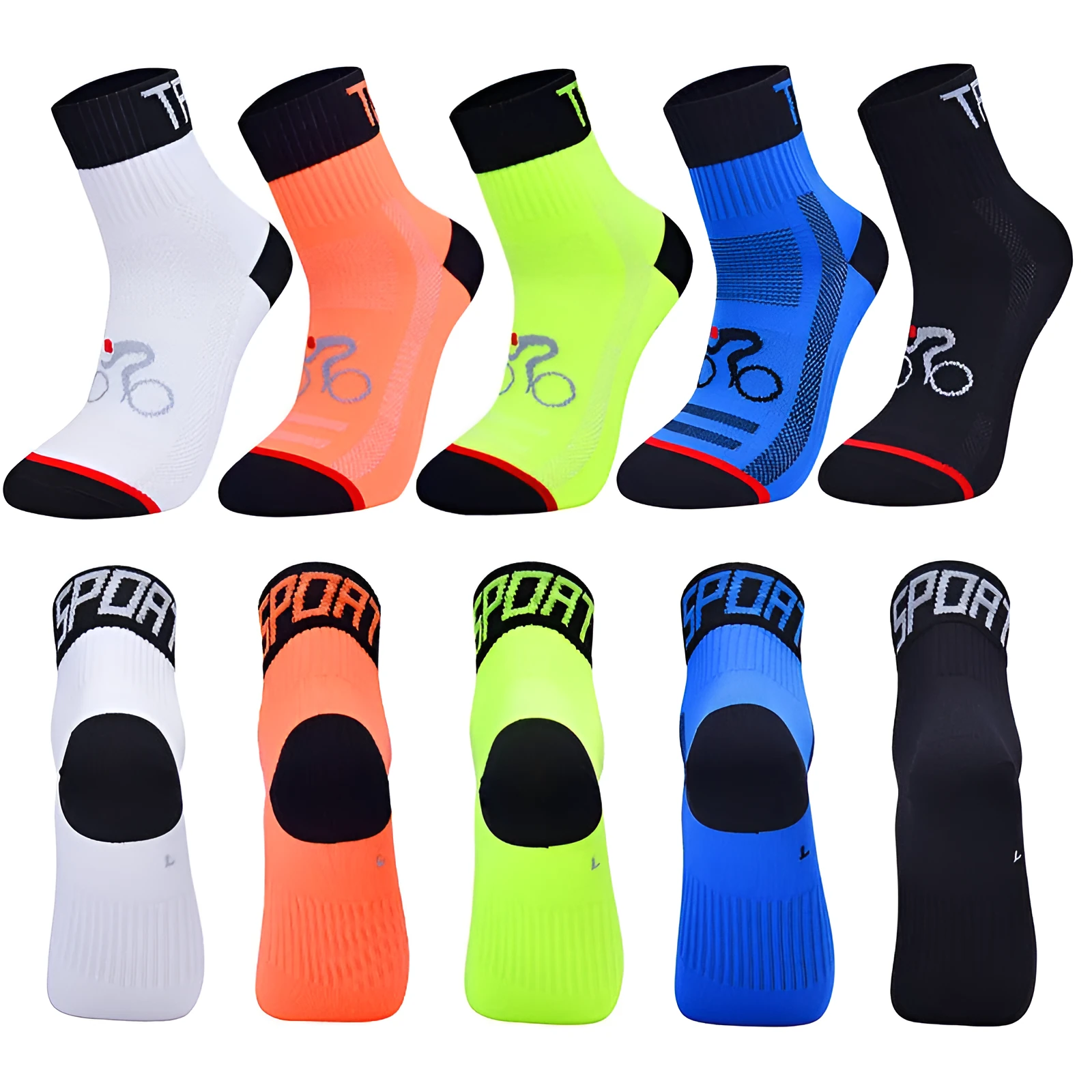 Set of professional outdoor nylon cycling and running socks in black, blue, green, orange and white colours, available in sizes M to XL