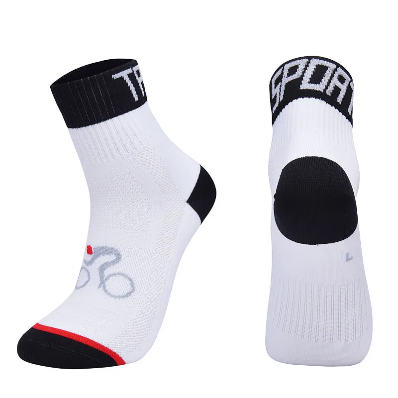 Set of professional outdoor nylon cycling and running socks in black, blue, green, orange and white colours, available in sizes M to XL