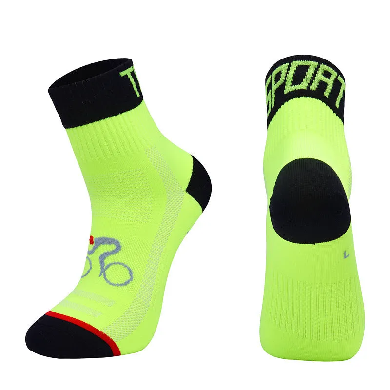 Set of professional outdoor nylon cycling and running socks in black, blue, green, orange and white colours, available in sizes M to XL