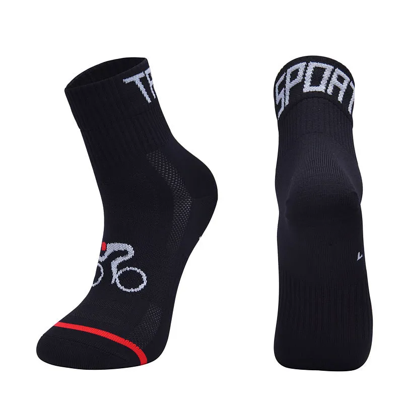Set of professional outdoor nylon cycling and running socks in black, blue, green, orange and white colours, available in sizes M to XL