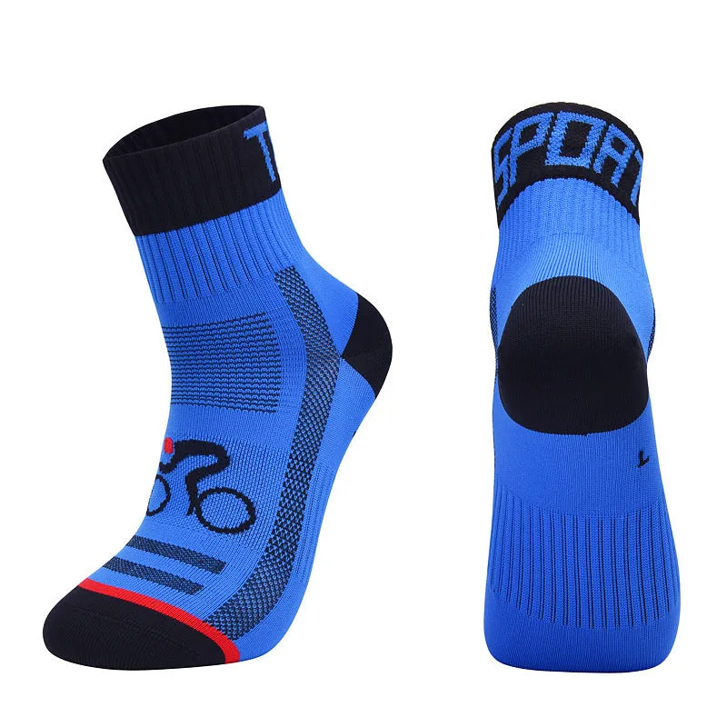 Set of professional outdoor nylon cycling and running socks in black, blue, green, orange and white colours, available in sizes M to XL