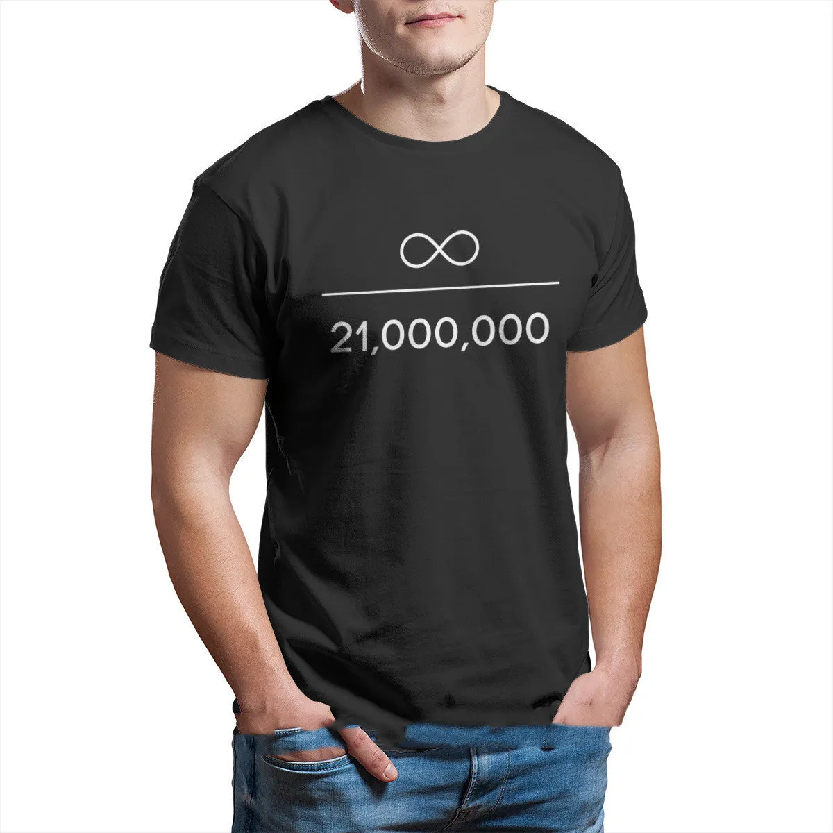 Men's black long sleeve high collar velvet thickened T-shirt with Bitcoin Infinity Divided By Million Unique print, super slim fit