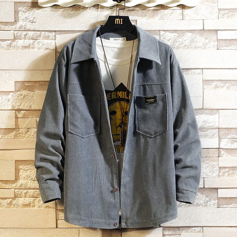 Men's corduroy long sleeve shirt cardigan jacket with lapel collar in apricot, front view