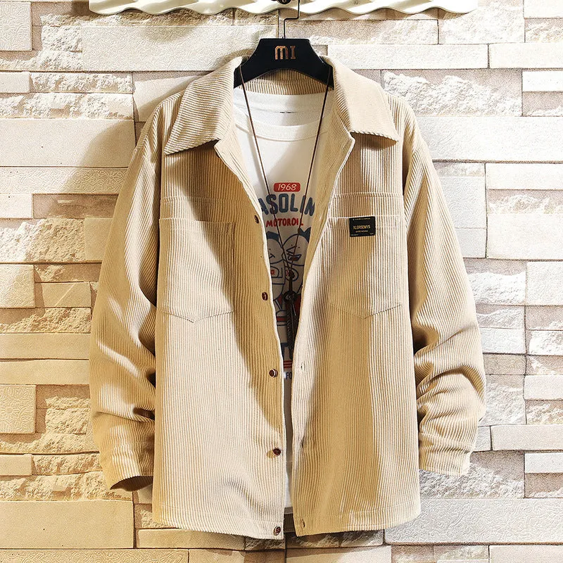 Men's corduroy long sleeve shirt cardigan jacket with lapel collar in apricot, front view