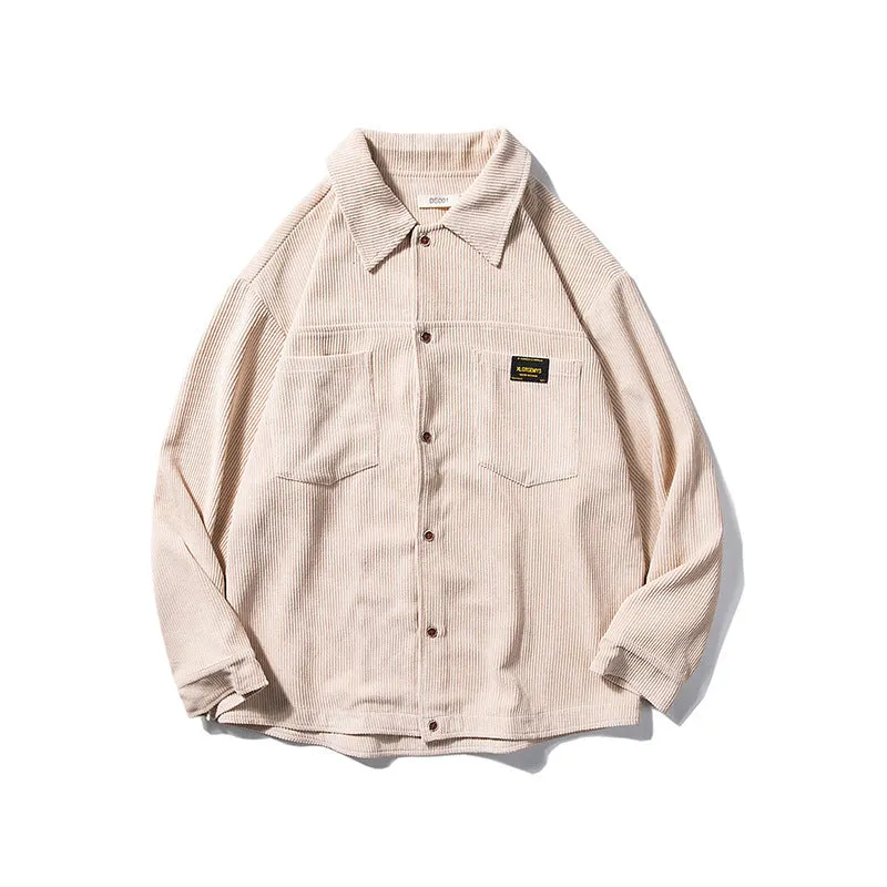 Men's corduroy long sleeve shirt cardigan jacket with lapel collar in apricot, front view