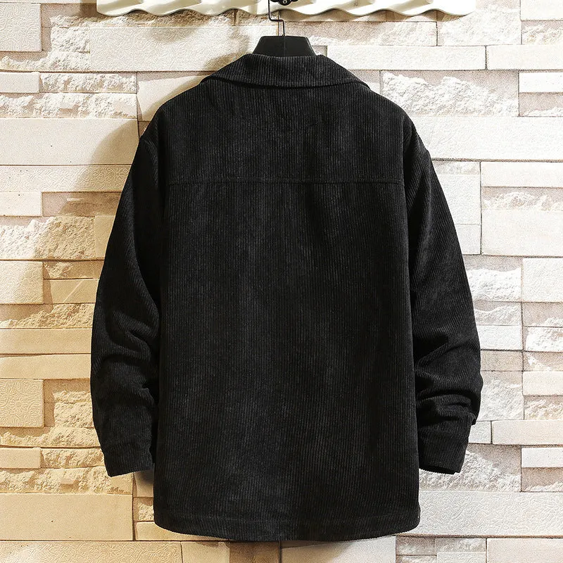 Men's corduroy long sleeve shirt cardigan jacket with lapel collar in apricot, front view