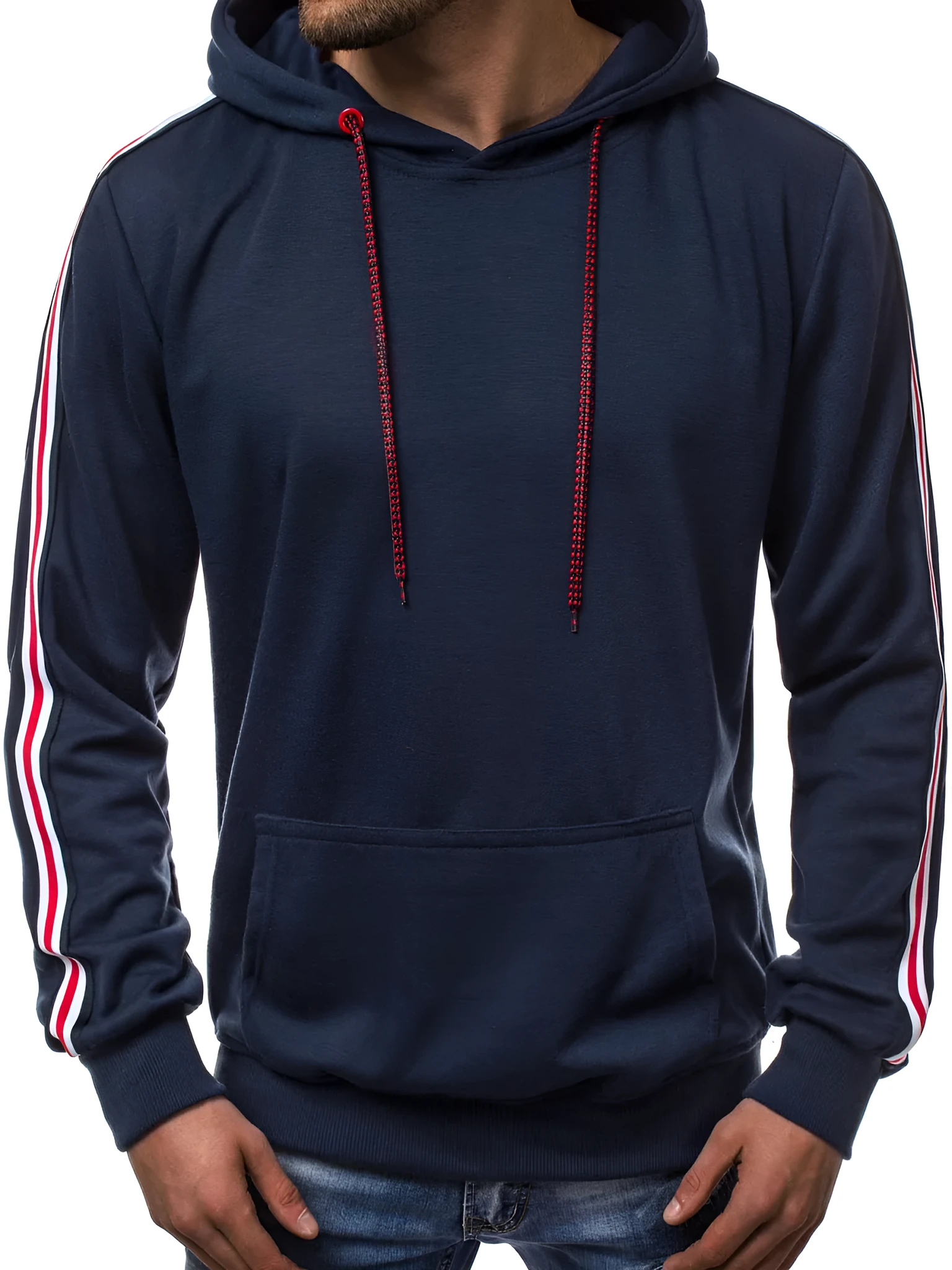 Men's loose fit chemical fiber hoodie jumper with fashion line splicing in black