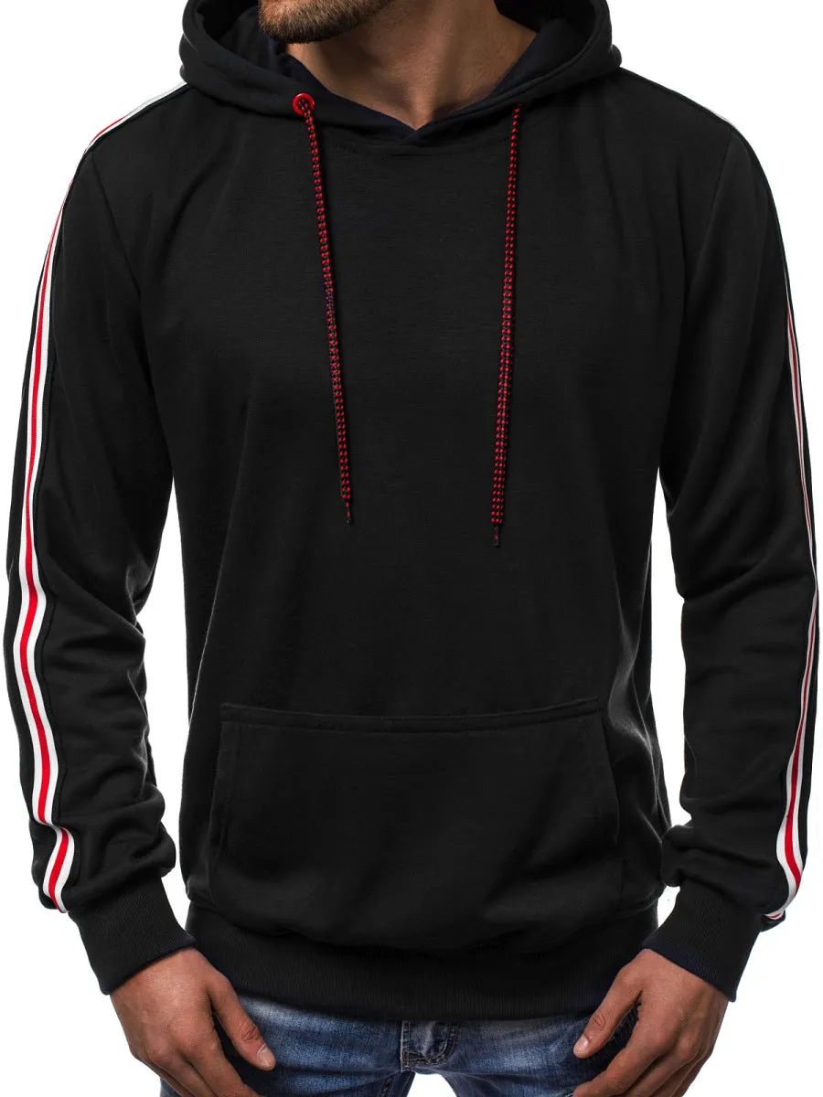 Men's loose fit chemical fiber hoodie jumper with fashion line splicing in black