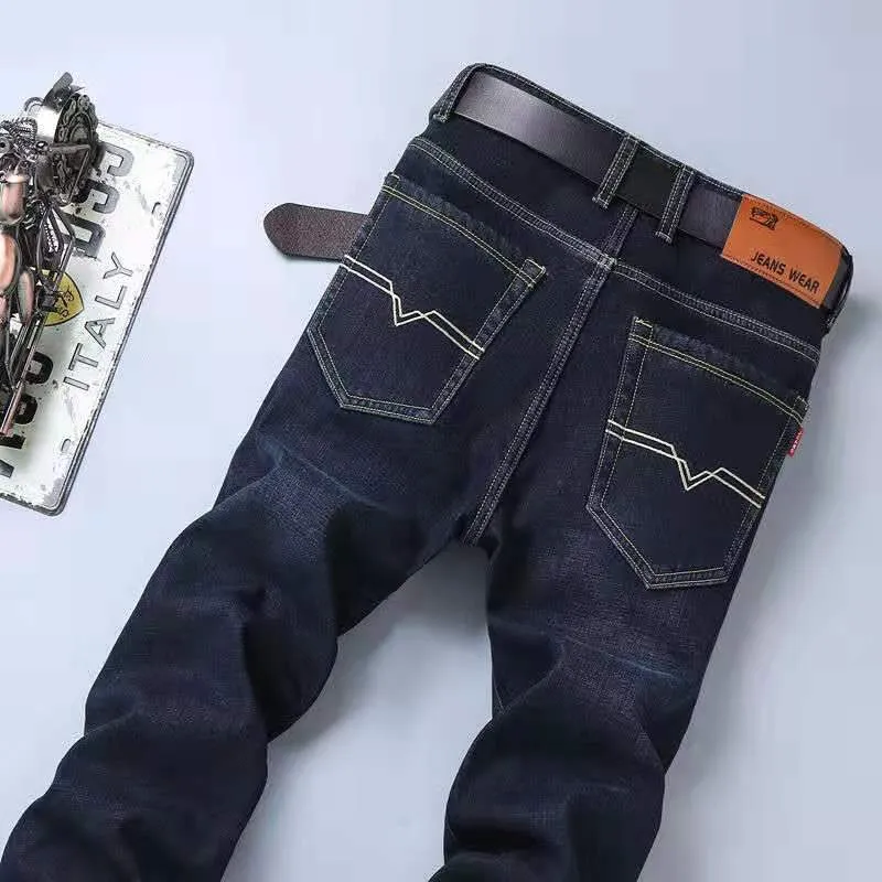 Men's stretch ice silk denim jeans loose straight cut high waist summer casual blue black