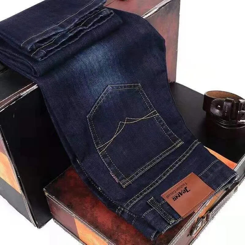 Men's stretch ice silk denim jeans loose straight cut high waist summer casual blue black