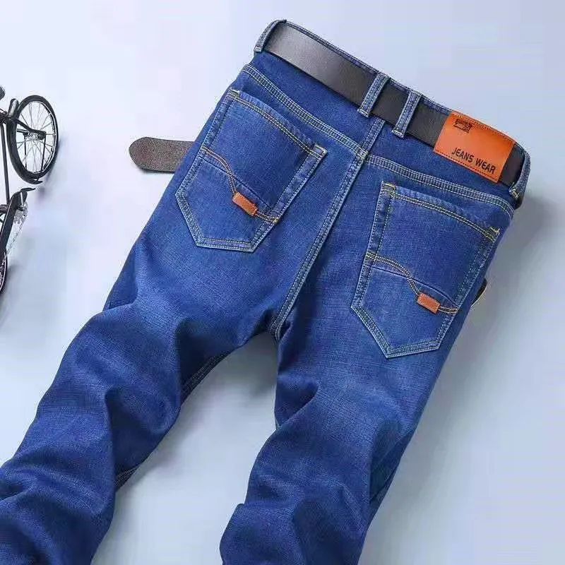 Men's stretch ice silk denim jeans loose straight cut high waist summer casual blue black