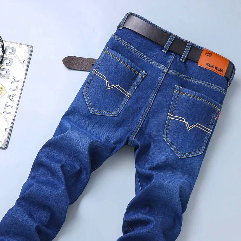 Men's stretch ice silk denim jeans loose straight cut high waist summer casual blue black