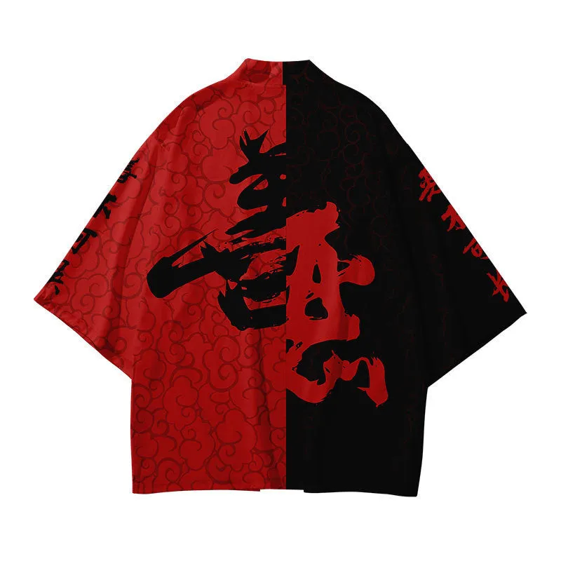 Man wearing a printed four-way stretch Japanese kimono yukata with obi in black, green, red, or yellow colour