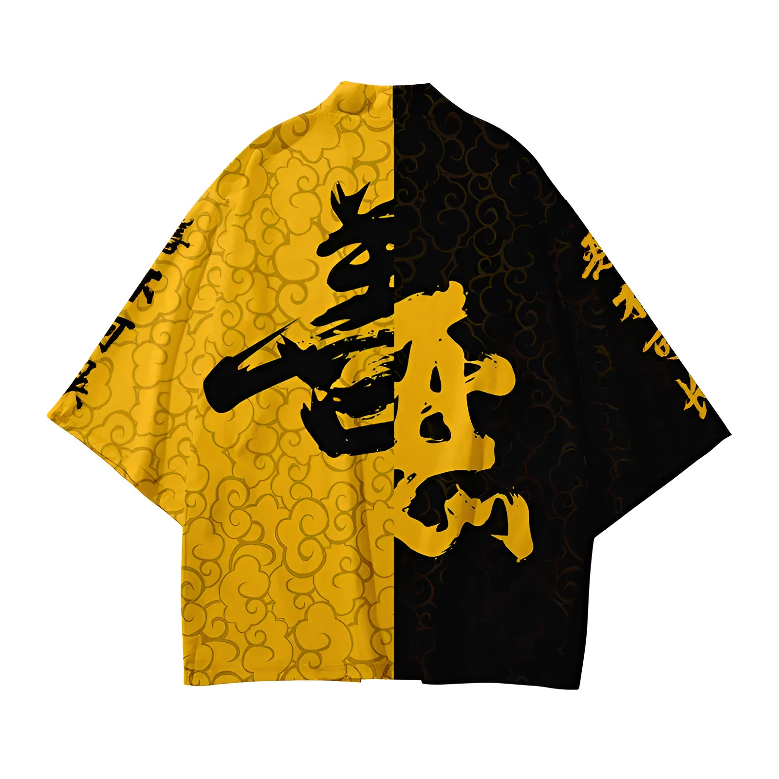 Man wearing a printed four-way stretch Japanese kimono yukata with obi in black, green, red, or yellow colour