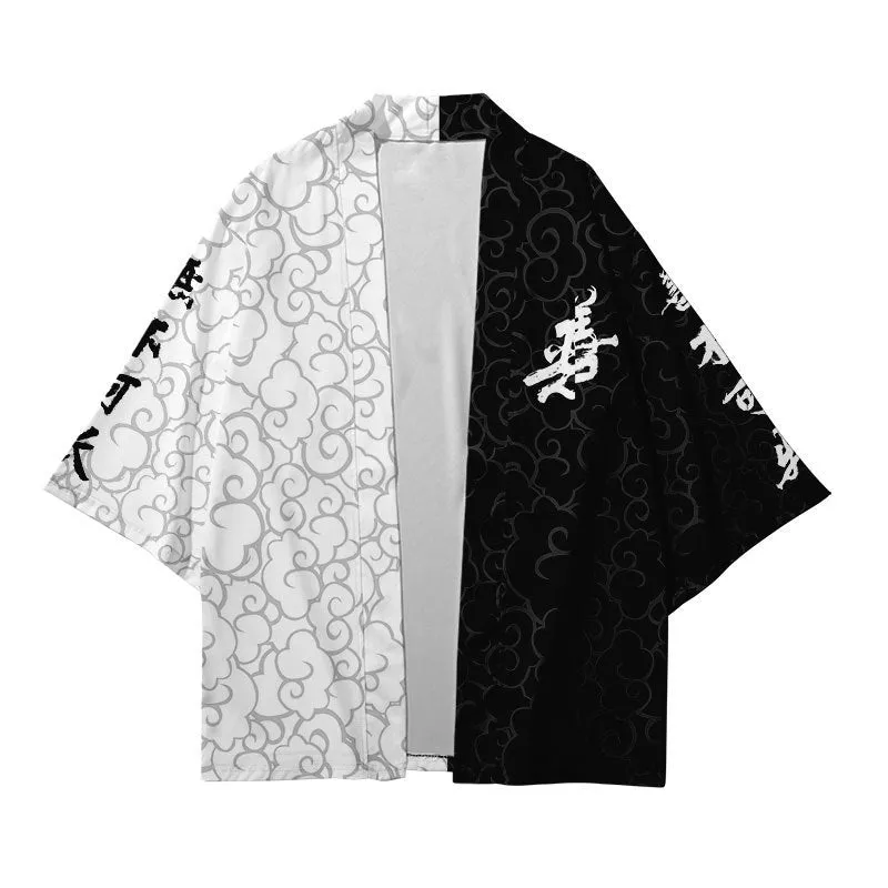 Man wearing a printed four-way stretch Japanese kimono yukata with obi in black, green, red, or yellow colour