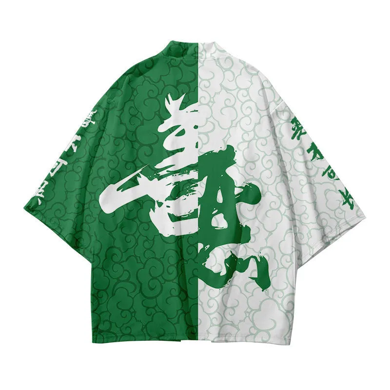 Man wearing a printed four-way stretch Japanese kimono yukata with obi in black, green, red, or yellow colour