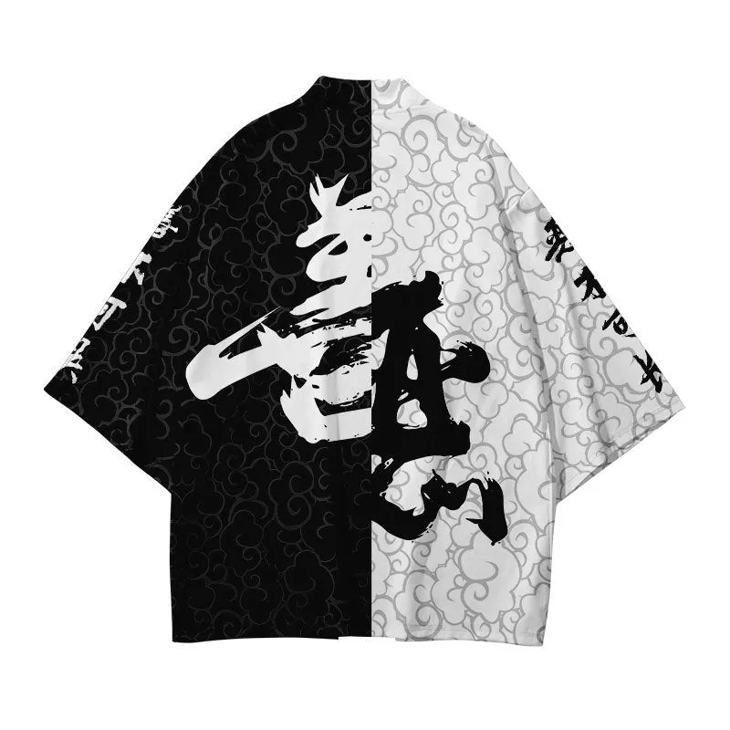 Man wearing a printed four-way stretch Japanese kimono yukata with obi in black, green, red, or yellow colour