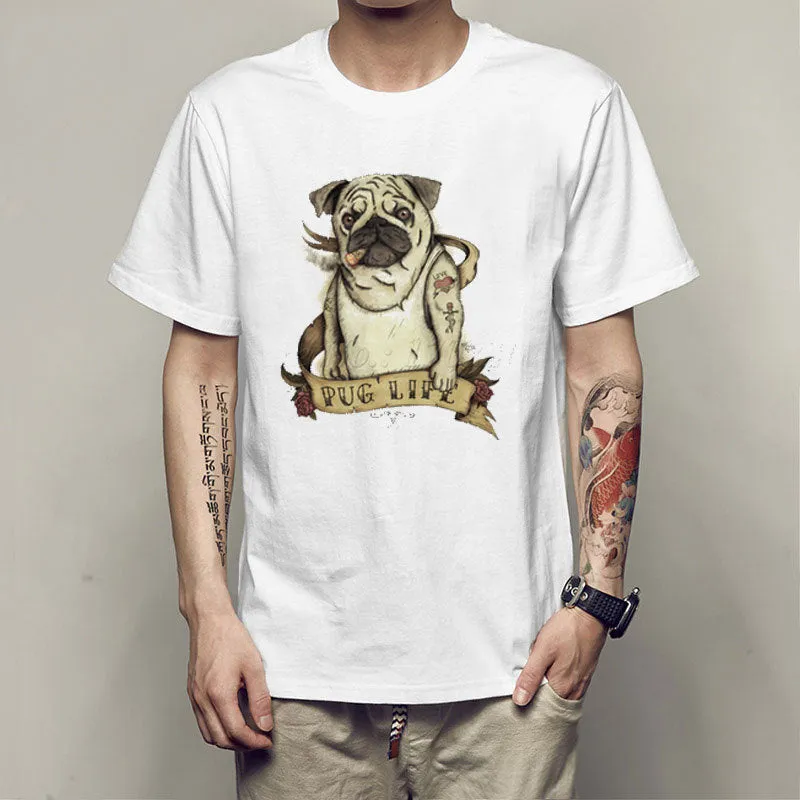 Men's slim-fit short-sleeve T-shirt with humorous pug spoof graphic, round neck, white, available in multiple sizes