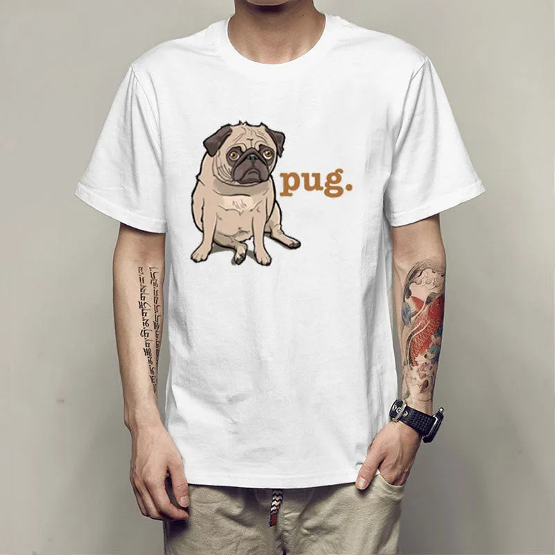 Men's slim-fit short-sleeve T-shirt with humorous pug spoof graphic, round neck, white, available in multiple sizes