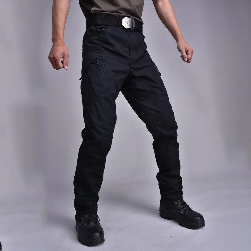 Men's military tactical pants multi-pocket cargo trousers straight leg cropped black colour