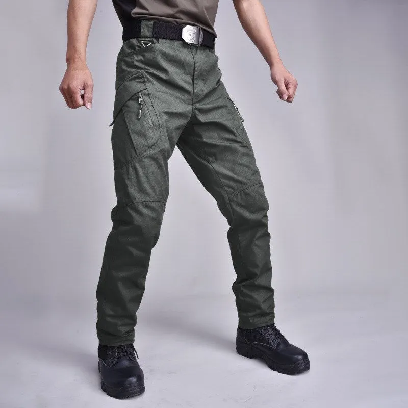 Men's military tactical pants multi-pocket cargo trousers straight leg cropped black colour