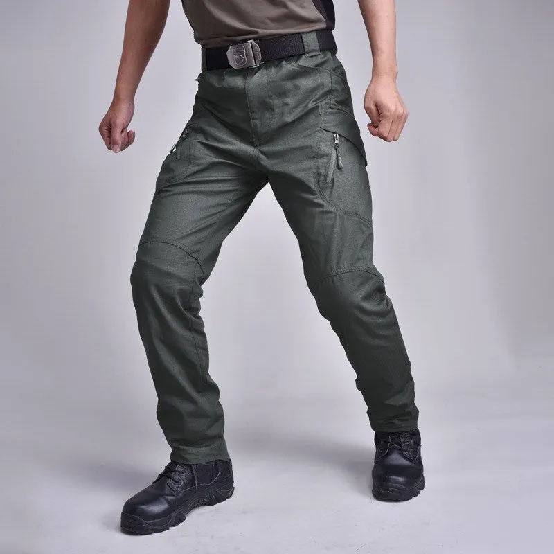 Men's military tactical pants multi-pocket cargo trousers straight leg cropped black colour
