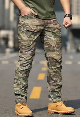 Men's military tactical pants multi-pocket cargo trousers straight leg cropped black colour