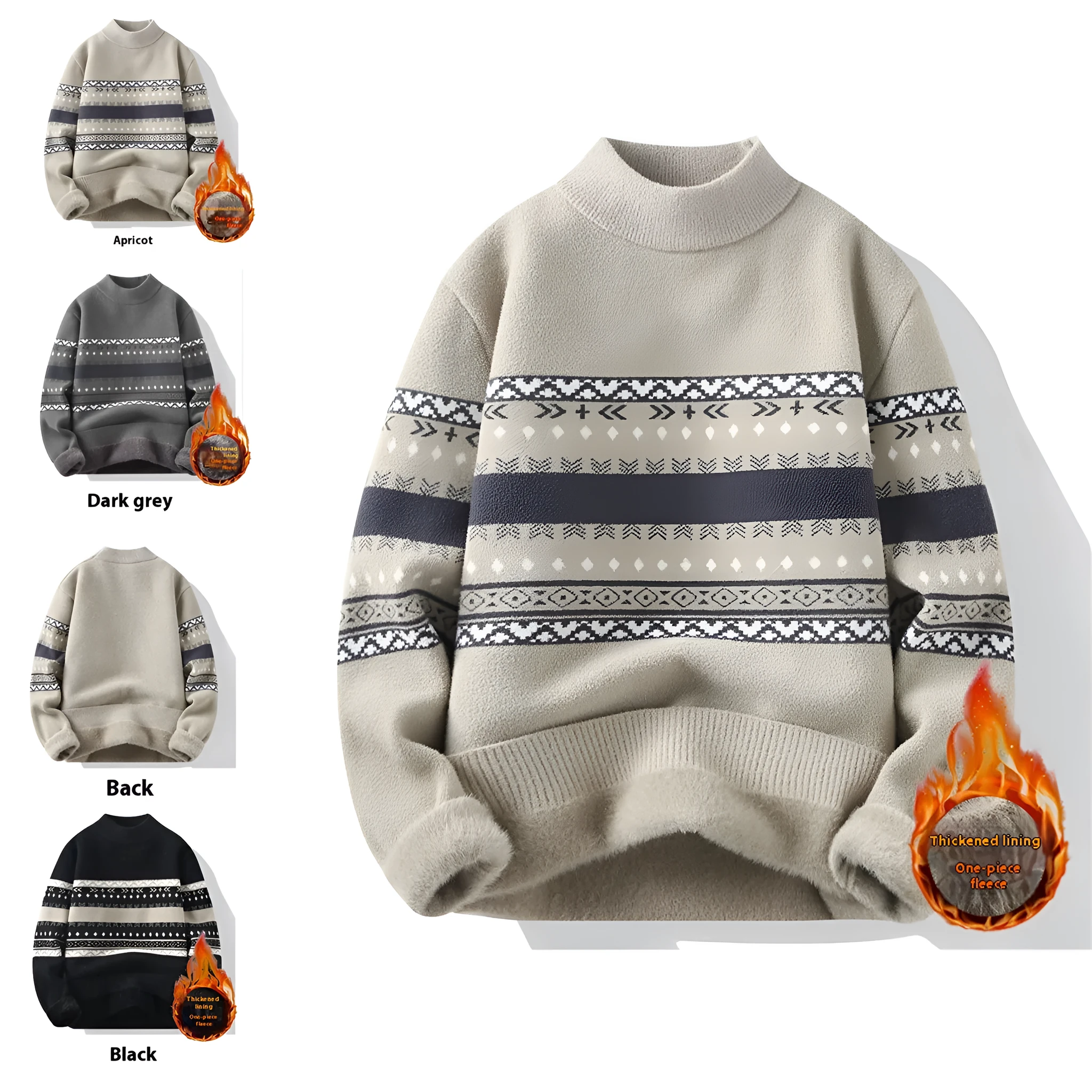 Men's velvet mock neck knitted sweater in dark gray, long sleeves, thickened pullover for autumn winter casual wear