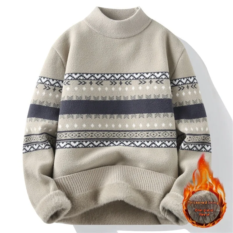 Men's velvet mock neck knitted sweater in dark gray, long sleeves, thickened pullover for autumn winter casual wear