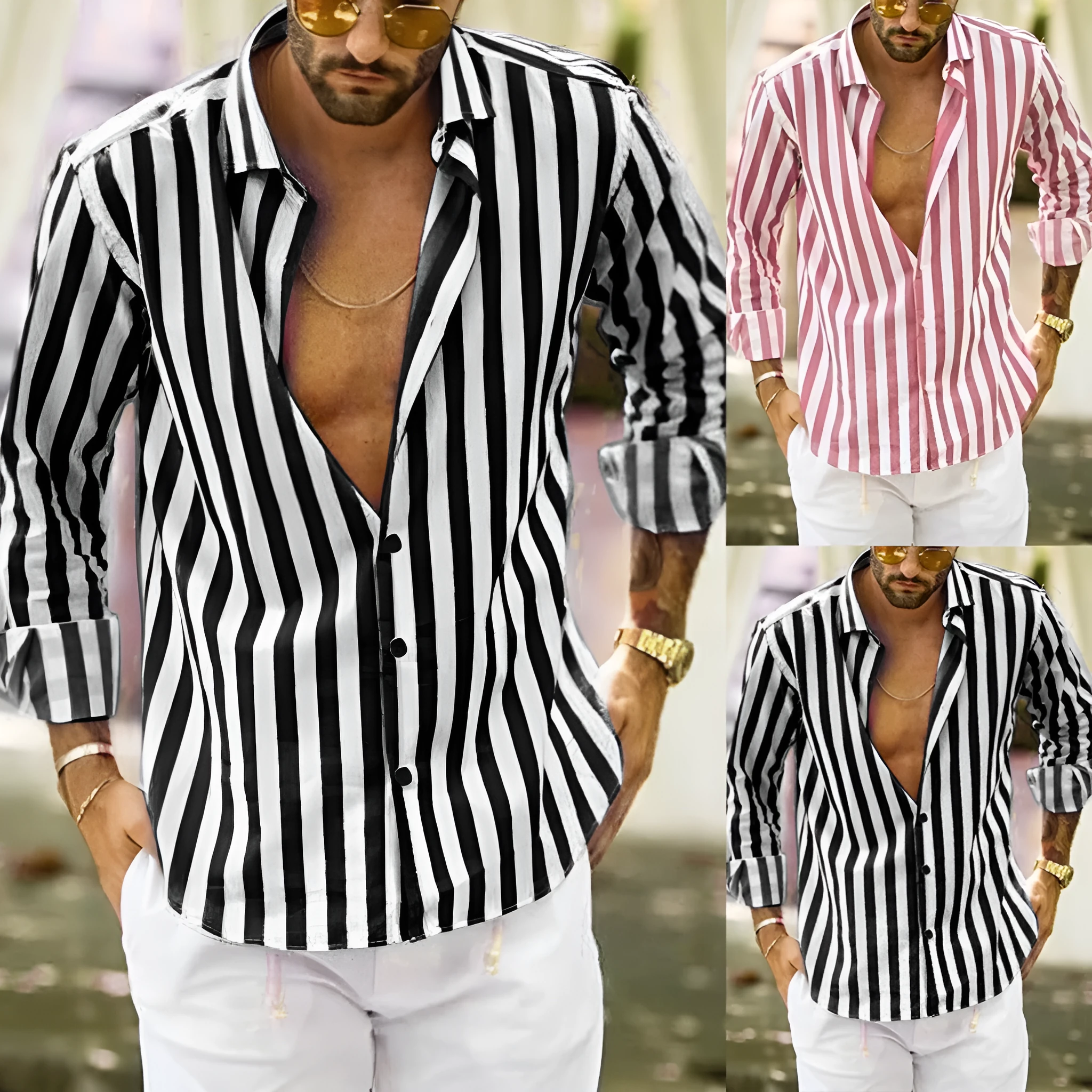 Men's long sleeve striped shirt in blue, made from hemp blend polyester with four-way stretch fabric