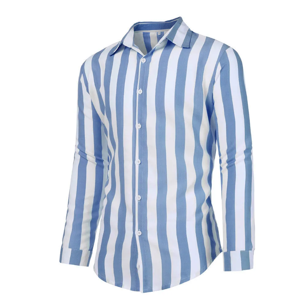 Men's long sleeve striped shirt in blue, made from hemp blend polyester with four-way stretch fabric