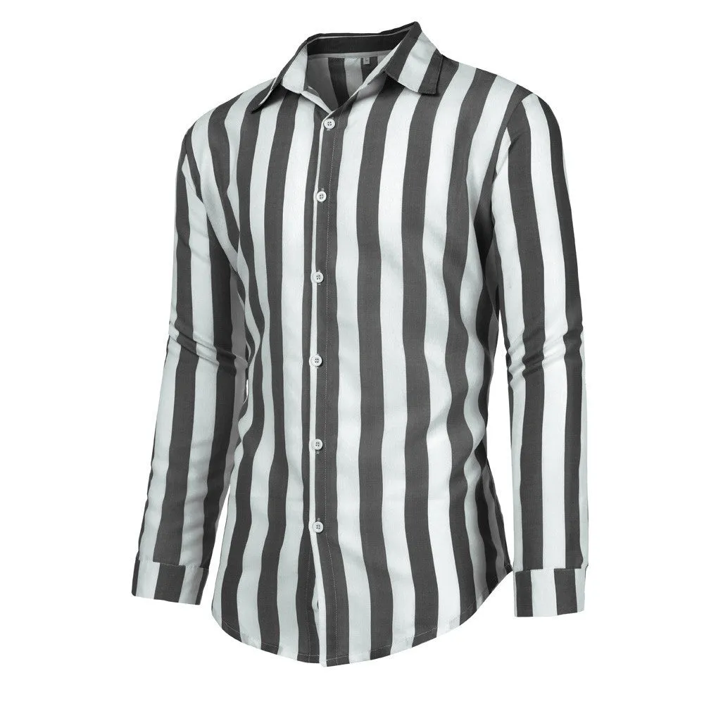 Men's long sleeve striped shirt in blue, made from hemp blend polyester with four-way stretch fabric