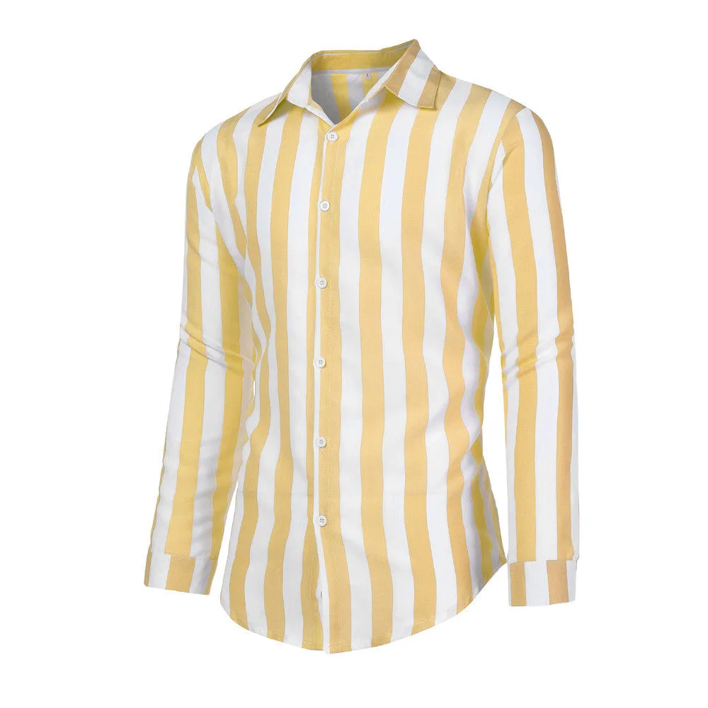 Men's long sleeve striped shirt in blue, made from hemp blend polyester with four-way stretch fabric